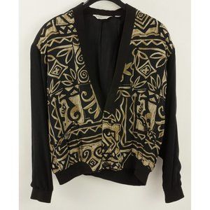 Vintage Genelli 100% Silk Men's XL Black Retro Geometric Floral Satin Cardigan